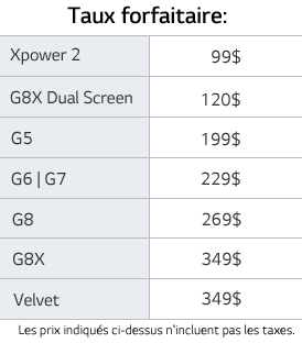 Taux forfaitaire: Xpower 2 is 99$. G8X Dual Screen is 120$. G5 is 199$. G6 or G7 is 229$. G8 is 269$. G8X is 349$. Velvet is 349$. Les prix indiqués ci-dessus n'incluent pas les taxes.